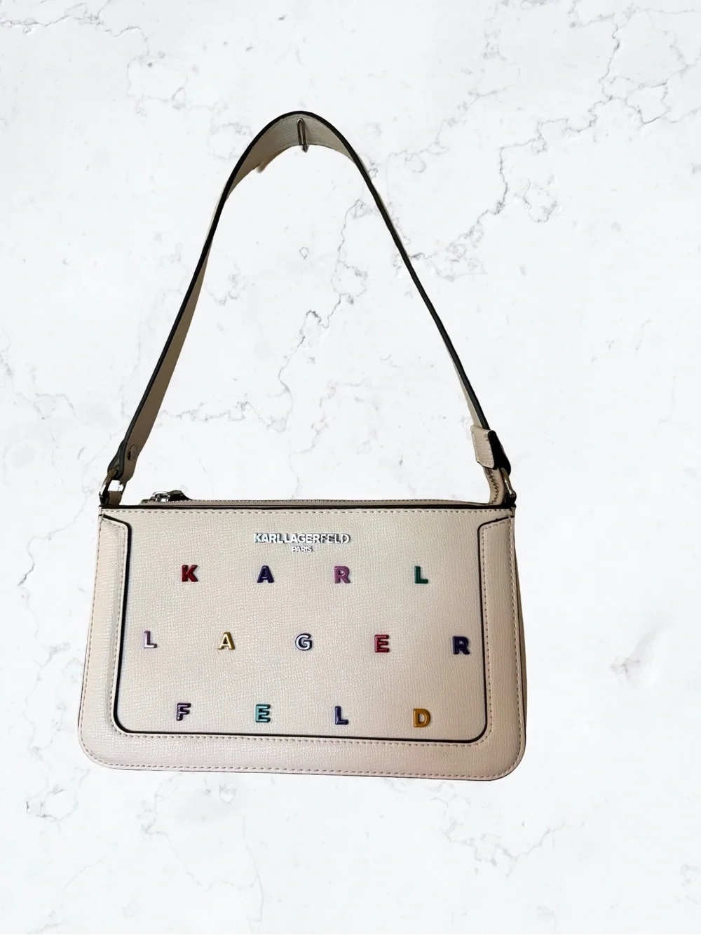 Karl Lagerfeld White Leather Crossbody Bag with Multicolor Lettering